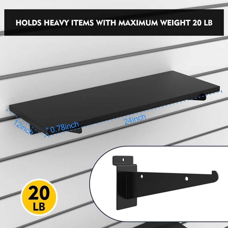 BeapTcely 4 Pack Large Wooden Slatwall Shelf, 24 x 12 Inch Slatwall Shelves with Metal Brackets Heavy Duty Slat Wall Shelving Accessories for Garage Home (4, 23.6" D x 11.8" W x 0.8" H) - Image 3
